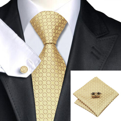 

N-0486 Vogue Men Silk Tie Set Yellow Polka Dot Necktie Handkerchief Cufflinks Set Ties For Men Formal Wedding Business wholesale