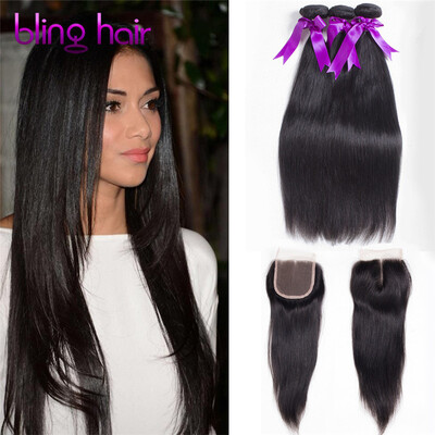 

Bling Hair Brazilian Virgin Hair Straight Hair 3 Bundles with Closure 7A Grade 100 Unprocessed Human Hair Weave