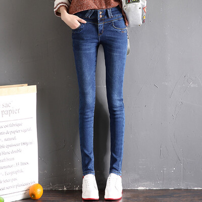 

City plus CITYPLUS 2017 winter new art women&39s high waist double buckle elastic pencils pants feet plus cashmere thickening grasping pattern jeans CWKN17T162 dark blue 30