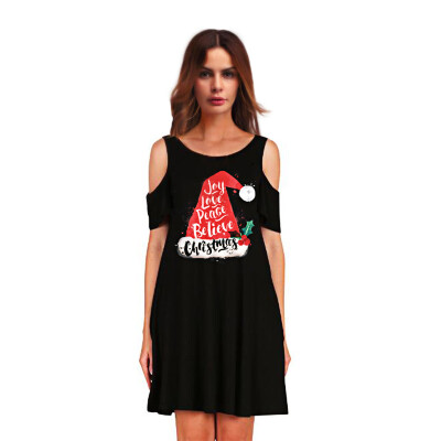 

Christmas digital printing round neck strapless shoulder a word skirt European and American sexy wild skirt