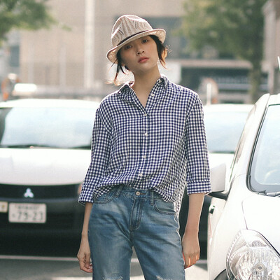 

And with pure Raincun S6075 plaid shirt female long sleeves loose straight slim slimming Korean students wild shirt light blue XL