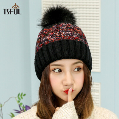 

Tsful hat female winter new fashion color matching warm earmuffs knitted wool hat CM3006D black