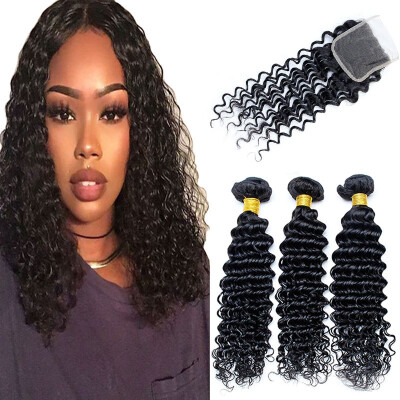 

3 Bundles Peruvian Deep Wave With Closure Curly Deep Wave Peruvian Hair With Closure Peruvian Weave Bundles With Closure Deal