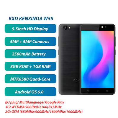 

KXD KENXINDA W55 Mobile Phone 55inch HD Display 8GB ROM 1GB RAM Android 60 MTK6580 Quad Core Dual 5MP Cameras 1080P 2500mAh WCDM