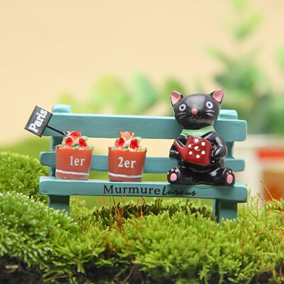 

Outdoor Garden Bench & Black Cat Ornament Micro Landscape Decoration