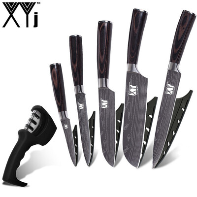 

XYj Stainless Steel Kitchen Knives Gift Covers 5 PCS Damascus Veins Kitchen KnifeKnife Sharpener
