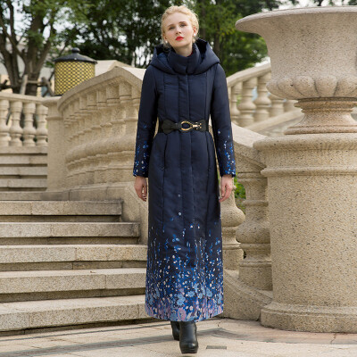 

DF · RS 2017Winter new long thick padded cotton female blue Slim temperament over knee casual waist cotton coat