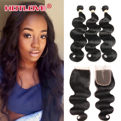 

Brazilian Body Wave 3 Bundles With Lace Closure 4*4 Free Middle Three Part Natural Color 100% Unprocessed Human Hair Extensions