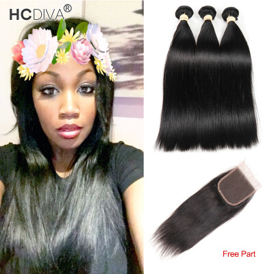 

HCDIVA Brazilian Virgin Hair Straight 3 Bundles with Closure Free Part Straight Human Hair Bundle with Closure