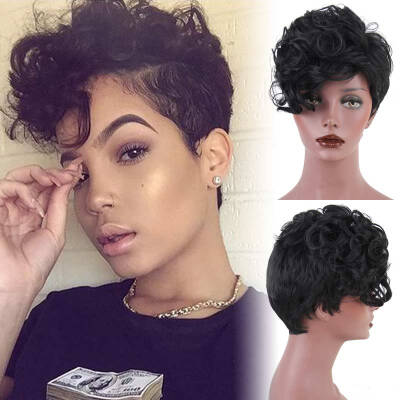 

AISI HAIR short curly wig with bangs synthetic pixie wigs for women side part Black Full Wigs Heat Resistant Fiber Wig