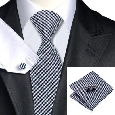 

N-1024 Vogue Men Silk Tie Set Black Plaid Necktie Handkerchief Cufflinks Set Ties For Men Formal Wedding Business wholesale