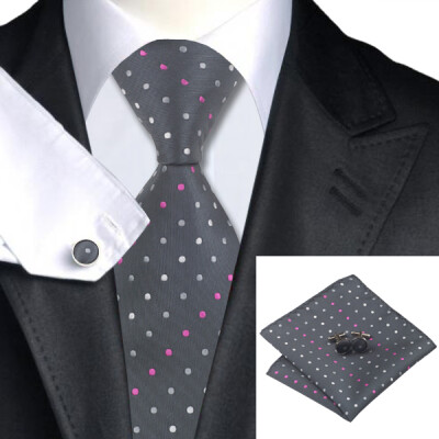 

N-0901 Vogue Men Silk Tie Set Gray Polka Dots Necktie Handkerchief Cufflinks Set Ties For Men Formal Wedding Business wholesale