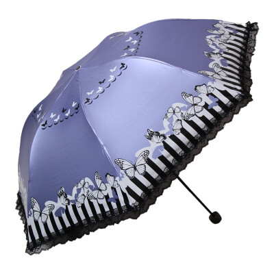 

Paradise umbrella striped butterfly black polyester color silk screen printing lace edge tri-fold mushroom pencil sunny umbrella light purple 33127E