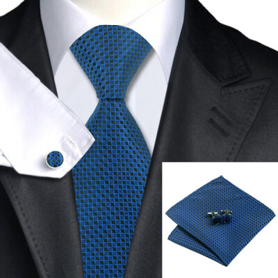 

N-0881 Vogue Men Silk Tie Set Blue Geometric Necktie Handkerchief Cufflinks Set Ties For Men Formal Wedding Business wholesale