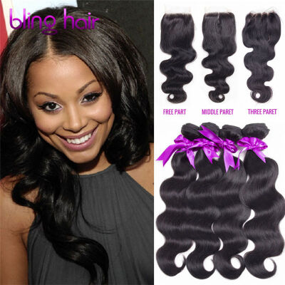 

Bling Hair Brazilian Virgin Hair Body Wave 4 Bundles with Three Closure 7A Grade 100% Unprocessed Human Hair Weave