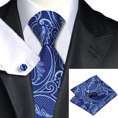 

N-0635 Vogue Men Silk Tie Set Blue Paisley Necktie Handkerchief Cufflinks Set Ties For Men Formal Wedding Business wholesale