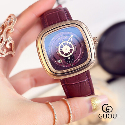 

GUOU Brand Luxury Quartz Watch Women Leather Strap Watches Ladies Unique Design Wristwatch