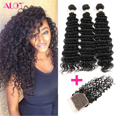 

Alot Hair Peruvian Virgin Hair Deep Wave 3 Bundles with 44 Lace Closure 7A Grade 100 Unprocessed Human Hair Weave&Closure
