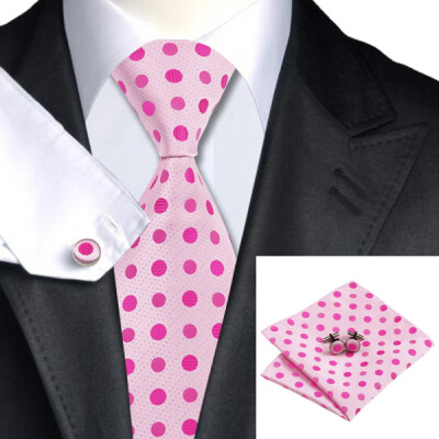 

N-0756 Vogue Men Silk Tie Set Pink Polka Dots Necktie Handkerchief Cufflinks Set Ties For Men Formal Wedding Business wholesale