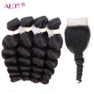 

Alot Human Hair Bundle with Lace Closure 4*4 Loose Wave Brazilian Virgin Hair Loose Curl 4 Bundles with Closure, 5Pcs/ Lot