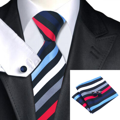 

N-1085 Vogue Men Silk Tie Set White Stripe Necktie Handkerchief Cufflinks Set Ties For Men Formal Wedding Business wholesale