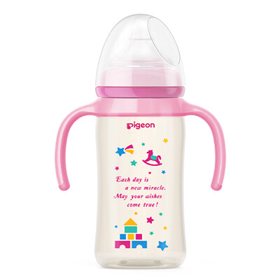 

Pigeon plastic two-handle natural real wide-bore PPSU painted plastic bottle 240ml pink with  pacifier AA127
