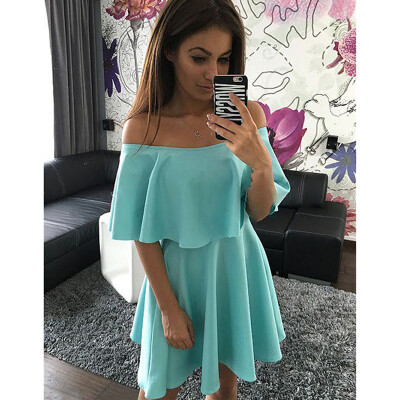 

Lovaru ™ 2017 Women Dress Casual Fashion Loose Ruffles Slash Neck Solid Pink Yellow Beach Wear Sexy Mini Women Dress