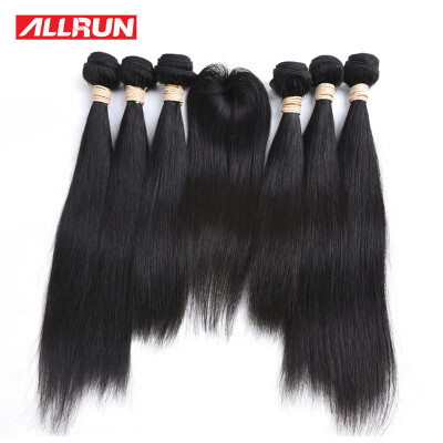 

1B# Natural Color 6 Bundles With Top Closure Peruvian Virgin Hair Straight One Pack Human Hair 180-210g
