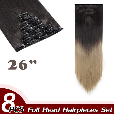 

17" Straight 8 Pcs Full Head Clip in Hair Extensions Synthetic 8 Piece 18 Clips Hairpiece Long Straight for Women