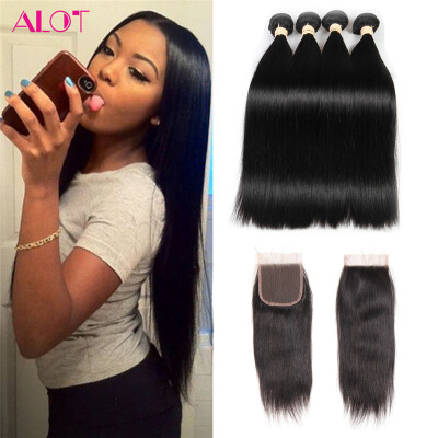 

4 Bundle Straight Hair with Lace Closure With Baby Hair Natural black Soft&Full Good Quality Alot Human Brazilian Virgin Hair