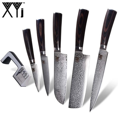 

XYj VG10 Damascus Steel Kitchen Knife 5 PCS Damascus Knife&Knife Sharpener Kitchen Accessories