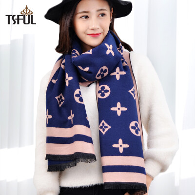 

Tsful scarf female winter shawl dual-use thickening scarf Korean version of the long section of warm fashion student large scarf TS615WJB pattern - Tibetan green powder