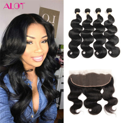 

ALot Human Hair Brazilian Virgin Hair 4 Bundle Weave with Pre Plucked Lace Frontal Ear to Ear Brazilian Body Wave Natural Black