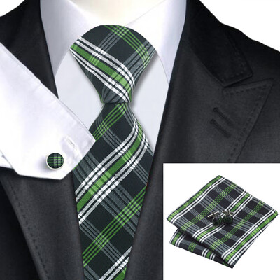 

N-0906 Vogue Men Silk Tie Set Green Plaids Necktie Handkerchief Cufflinks Set Ties For Men Formal Wedding Business wholesale