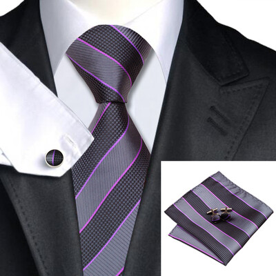 

N-0591 Vogue Men Silk Tie Set Black Stripe Necktie Handkerchief Cufflinks Set Ties For Men Formal Wedding Business wholesale