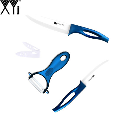 

XYJ Brand White Blade Ceramic Knives + Blue Peeler Cooking Tools Top Quality ABS+TPR Handle Zirconia Blade Kitchen Knives Set