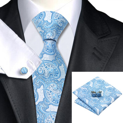 

N-1096 Vogue Men Silk Tie Set Blue Novelty Necktie Handkerchief Cufflinks Set Ties For Men Formal Wedding Business wholesale