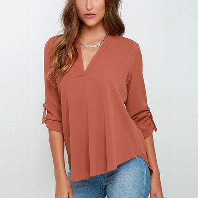 

8 Colors Large Size Female V Collar Long Sleeve Corrugated Sleeve Easy Shirt plus size (S-5XL)