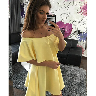 

Lovaru ™ 2017 Женское платье Повседневная мода Свободные оборки Slash Neck Solid Pink Yellow Beach Wear Sexy Mini Women Dress