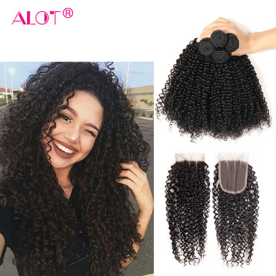 

Alot Malaysian Remy Hair Extension Kinkly Curly 4 Bundles with 1 Lace Closure Hair Weave