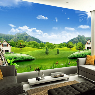 

Custom 3D Photo Wallpaper Blue Sky White Clouds Village House Nature Landscape Murals Non-woven Straw Texture Mural Wallpaper 3D