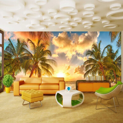 

Large Custom Wall Mural Non-woven Wallpaper Beach Sunset Coconut Tree Nature Landscape Photo Backdrop Wallpapers For Living Room