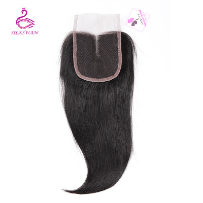 

Silkswan Remy Hair Peruvian straight Lace Closure 4x4 Free Part 100 Human Hair8-20inch Medium Brown Swiss lace Natural Colo Free