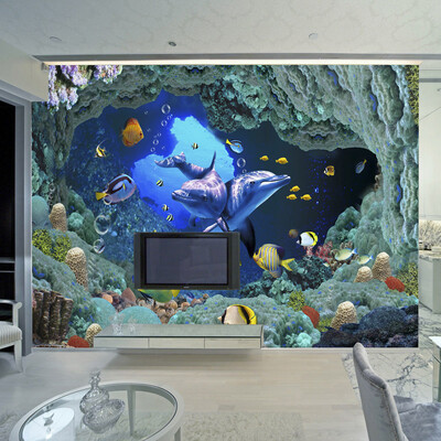 

3D Underwater World Wall Mural Cartoon Dolphin Photo Wallpaper For Kids Custom Children Room TV Sofa Backdrop Wall Murals Paper