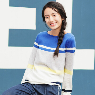 

INMAN small fresh literary round neck long sleeve striped sweater female 18731VP32218 electric light blue