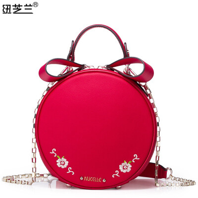 

New zealand NUCELLE handbags cowhide shoulder bag lady Messenger bag chain bowknot embroidery small round bag red 637