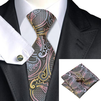 

N-0454 Vogue Men Silk Tie Set Gray Paisley Necktie Handkerchief Cufflinks Set Ties For Men Formal Wedding Business wholesale