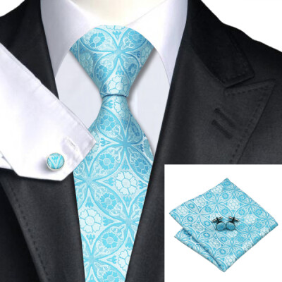 

N-0481 Vogue Men Silk Tie Set Blue Floral Necktie Handkerchief Cufflinks Set Ties For Men Formal Wedding Business wholesale