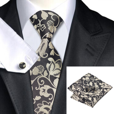 

N-1112 Vogue Men Silk Tie Set Metallic Floral Necktie Handkerchief Cufflinks Set Ties For Men Formal Wedding Business wholesale