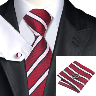 

N-0517 Vogue Men Silk Tie Set Pink Stripe Necktie Handkerchief Cufflinks Set Ties For Men Formal Wedding Business wholesale